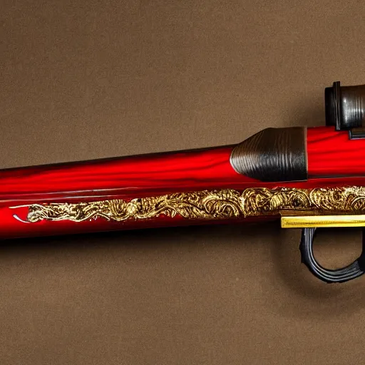 Image similar to a shotgun made from glossy red - painted wood and elements of gold metalwork