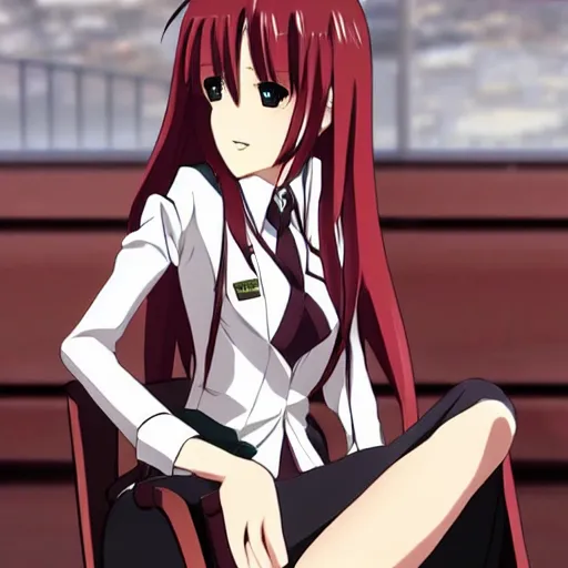 Prompt: Makise Kurisu sitting on a chair, anime style