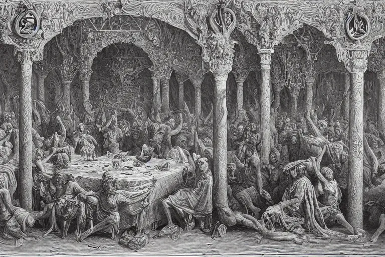 Image similar to highly detailed epic book on the table, symmetrical, masterpiece, highly detailed painting by gustave dore