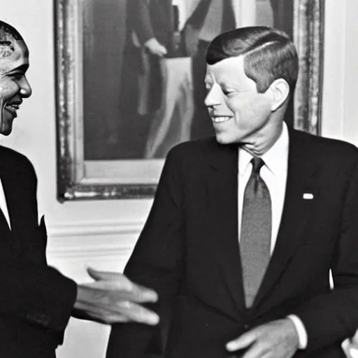 Prompt: photograph of 9 1 - year old former president, john f. kennedy meeting president obama