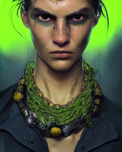 Prompt: '' Face portrait of a scarred fighter with a neon lime leather coat, neck chains, long hair with a ponytail , sci-fy, cyberpunk, high detail, 4k , digital painting, artstation, concept art, sharp focus, illustration, art by greg rutkowski and alphonse mucha ''