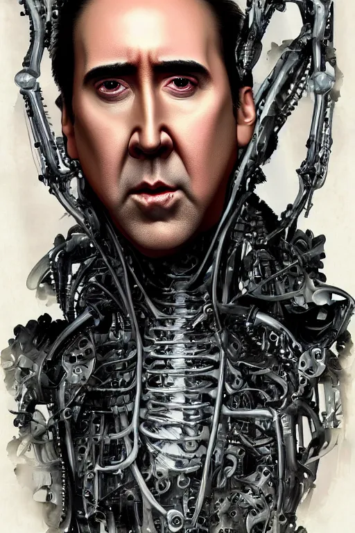 Image similar to Nicolas Cage as biomechanical cyborg intricate, smooth, artstation, painted by Hans Giger