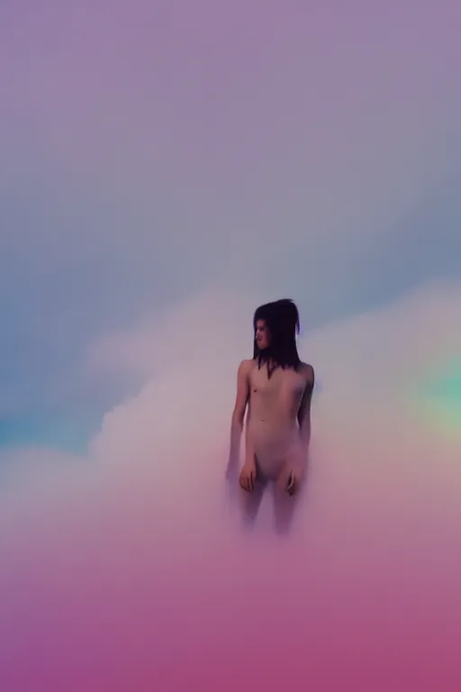 Image similar to high quality pastel coloured film close up wide angle photograph of a model wearing clothing swimming on cloud furniture in a icelandic black rock!! environment in a partially haze filled dreamstate world. three point light, rainbow. photographic production. art directed. pastel colours. volumetric clouds. pastel gradient overlay. waves glitch artefacts. extreme facial clarity. 8 k. filmic.