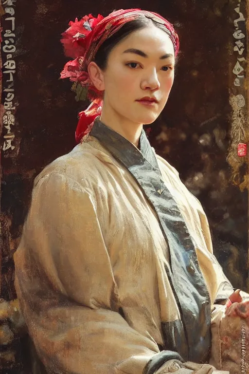 Prompt: Yvonne Strahovski by Solomon Joseph Solomon and Richard Schmid and Jeremy Lipking victorian genre painting full length portrait painting of 张国荣 in traditional costume