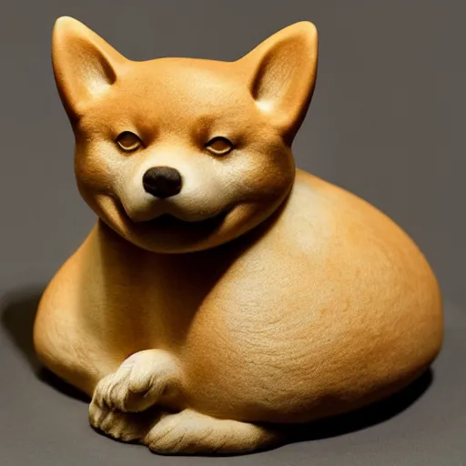Prompt: A very beautiful intricately shaped organic sculpture carved from steamed buns depicting a shiba inu. Studio lighting, High resolution, high quality, dark background