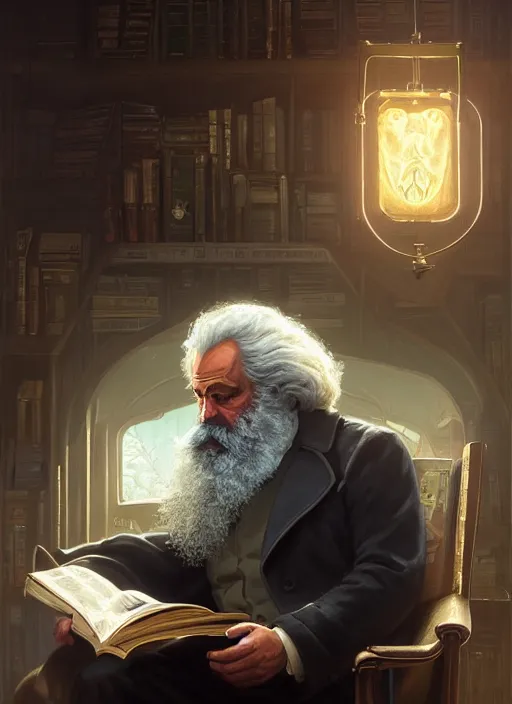 Image similar to highly detailed portrait karl marx reading a book in gta v, stephen bliss, unreal engine, fantasy art by greg rutkowski, loish, rhads, ferdinand knab, makoto shinkai and lois van baarle, ilya kuvshinov, rossdraws, tom bagshaw, global illumination, radiant light, detailed and intricate environment