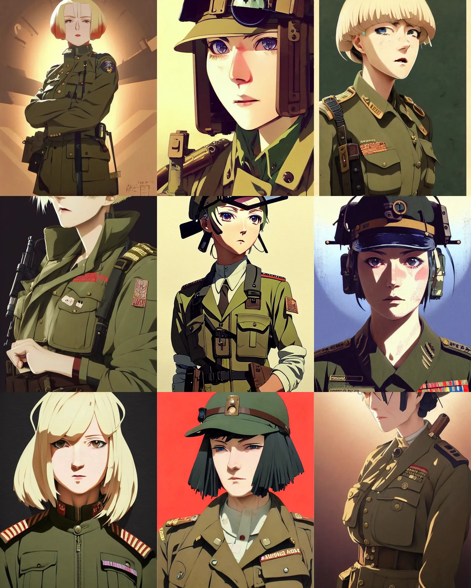 Prompt: An old dieselpunk woman in military fatigues || VERY VERY ANIME!!!, fine-face, blonde hair, realistic shaded Perfect face, fine details. Anime. realistic shaded lighting poster by Ilya Kuvshinov katsuhiro otomo ghost-in-the-shell, magali villeneuve, artgerm, Jeremy Lipkin and Michael Garmash and Rob Rey