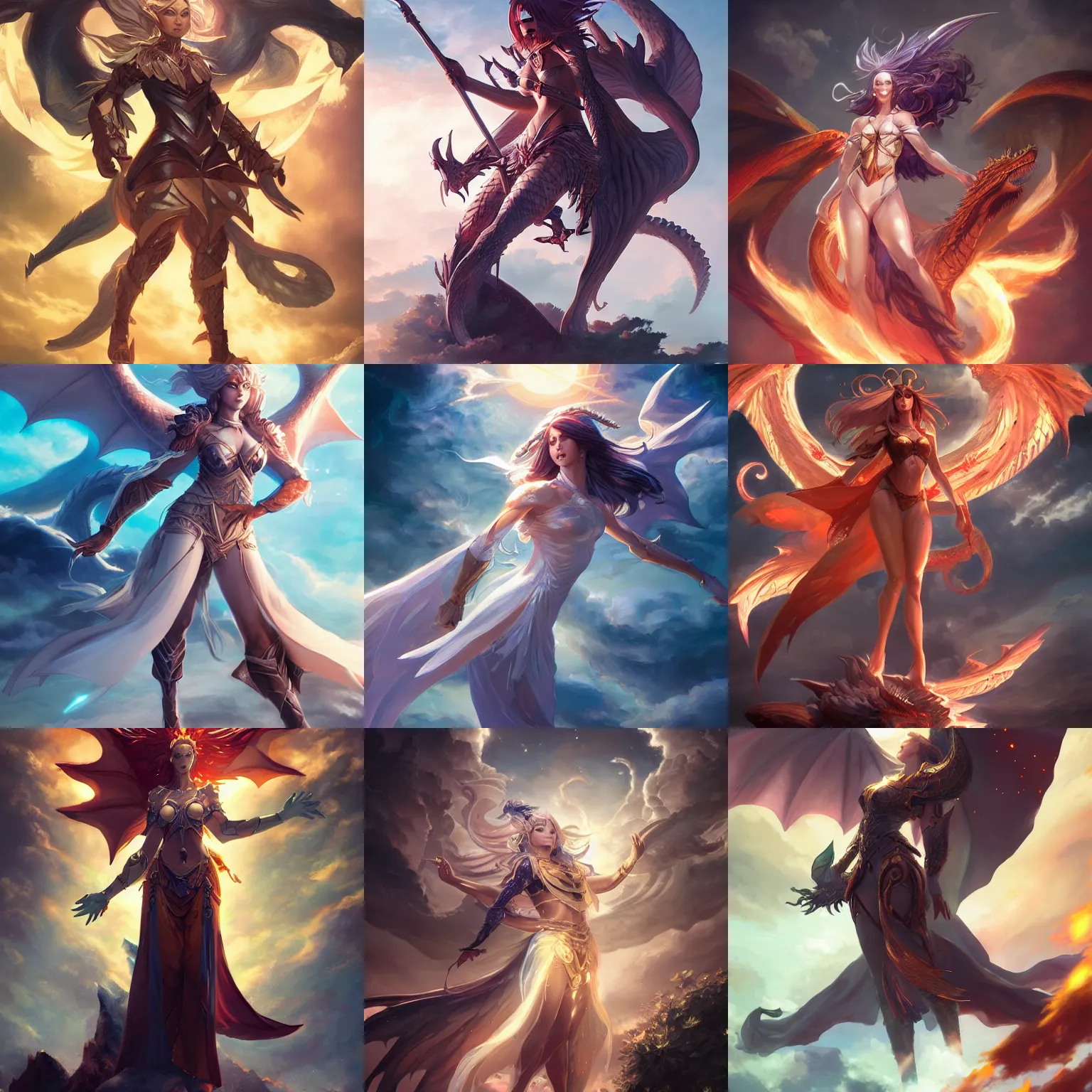 Prompt: glorious dynamic pose full body celestial goddess of dragons, 8k highly professionally detailed, hdr, dynamic lighting, pristine and clean design, cosplay, DAZ, art by rossdraws and greg rutkowski and Sarah Andersen,