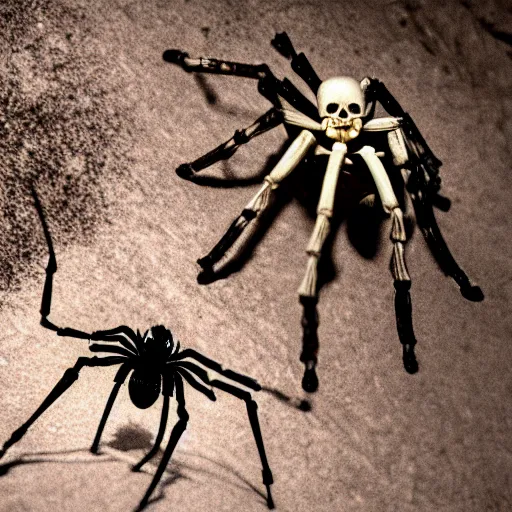 Prompt: human skeleton mounting a giant spider, on top of a spider, riding a spider, inside of a cave
