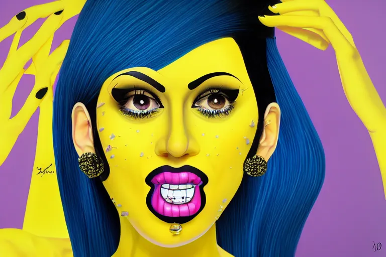 Image similar to a fractal woman with a yellow face and black hair, a pop art painting by joe jusko, trending on cgsociety, pop surrealism, photoillustration, daz 3 d, pop art