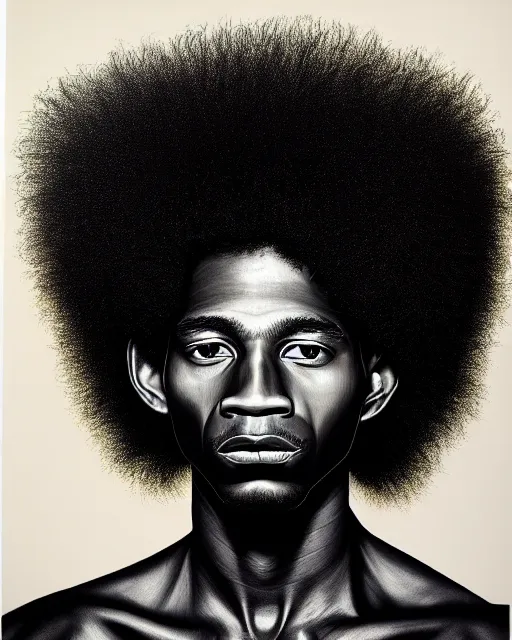 Image similar to A extremely ultra highly detailed majestic hi-res beautiful immaculate head and shoulders award winning painting stunning masterpiece of the face of a strong black african man with an afro by Jean-Michel Basquiat, 8k, high textures, ultra hyper sharp, insanely detailed and intricate, super detailed, 8k HDR ultra high quality