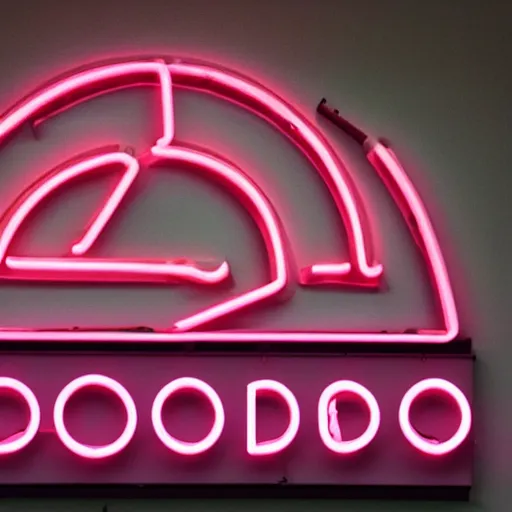 Image similar to A pink neon sign with rounded letters spelling 'odoo' above the front door of a cathedral