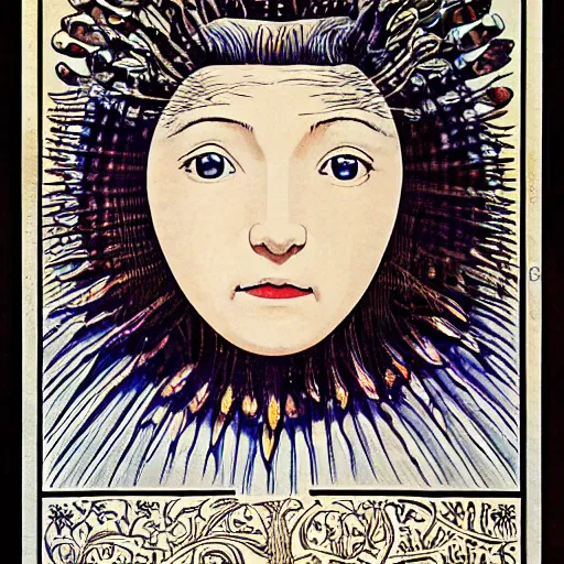 Prompt: portrait of a beautiful young lady with silver eyes, colored woodcut, poster art, by Mackintosh, art noveau, by Ernst Haeckel