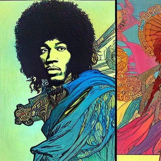 Prompt: “colorfull artwork by Franklin Booth and Alphonse Mucha and Moebius showing a portrait of Jimi Hendrix as a futuristic space shaman”