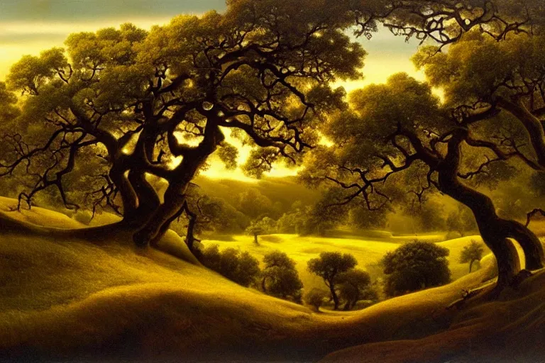 Prompt: masterpiece painting of oak trees on a hillside overlooking a creek, dramatic lighting, by michael hutter