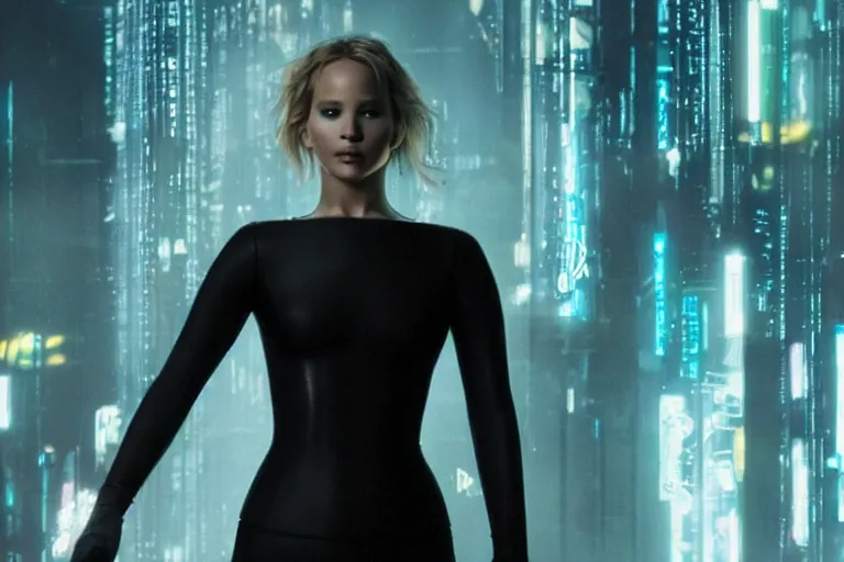 Image similar to jennifer lawrence in a cyberpunk outfit, sci-fi movie still, cinematic lighting