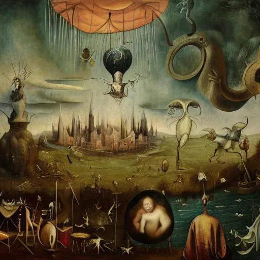 Prompt: oil painting in the style of hieronymus bosch, leonora carrington and joos van craesbeeck : : intricate detailed study of a surreal dreamscape : : ultra - detailed technical precision : : matte painting, high definition 3 d render, unreal engine, hi - res textures