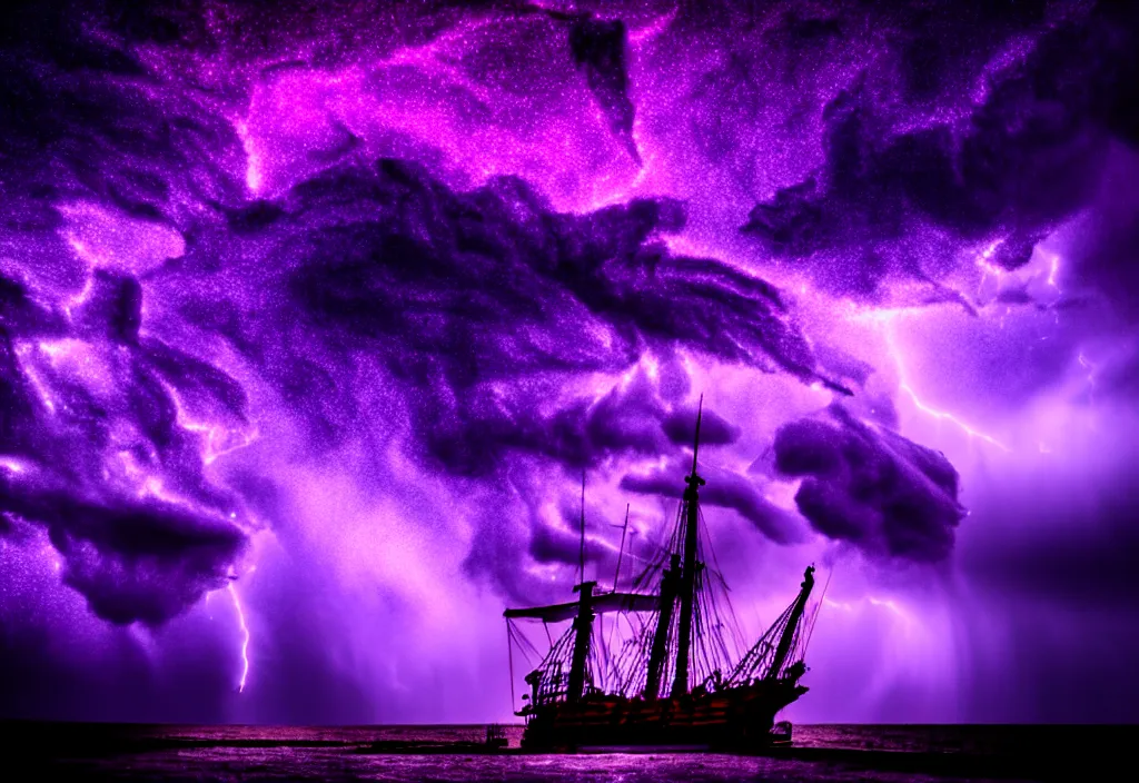 Image similar to purple color lighting storm with stormy sea, pirate ship firing its cannons trippy nebula sky with dramatic clouds 50mm shot