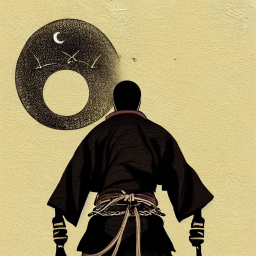 Image similar to a portrait from behind of a samurai man vagabond with a moon behind him, the samurai is wrapped in chains, detailed, illustration, concept art, ink style, sketch