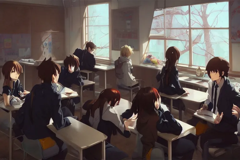 boy's love anime modern high school classroom in, Stable Diffusion