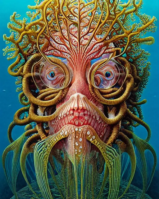 Image similar to realistic detailed underwater face portrait of the beautiful young god of the fish of the fractal waters with an intricate headgear of corals, sea kelp, sea plants, fish, starfish, jellyfish, art by ernst haeckel, zdzisław beksinski, hieronymus bosch, gothic, neo - gothic, ornamental, beautiful deep colours,