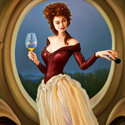 Prompt: a detailed fantasy character painting of woman in the evening dress holding a wine glass, by lauri blank, artgerm, evelyn de morgan, 8K, 50mm lens