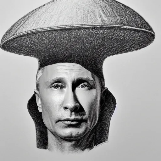 Image similar to vladimir putin wearing a nuclear mushroom cloud for a hat, cartoonish, ultra detailed pencil drawing