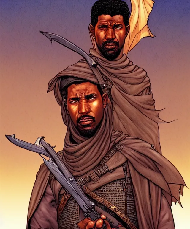 Prompt: a ( fantasy comic ) ( cover art ) portrait of a bedouin soldier who looks like ( denzel washington ), digital illustration by jenny frison and sana takeda and kentaro miura, fine inking lines, vivid colors, dnd, highly detailed!, hd, 4 k, trending on artstation