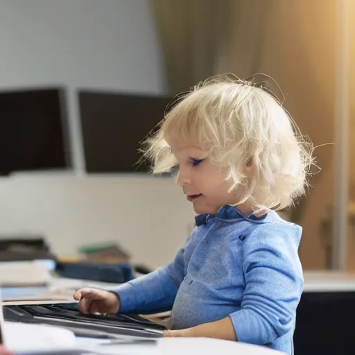 Image similar to a blonde toddler child baby girl working CAD computer drafting, civil engineer, sitting at a desk