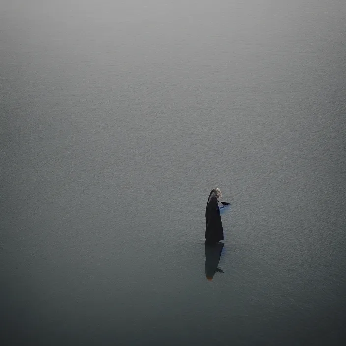 Image similar to a woman, standing in shallow endless water, foggy, backlit, wearing amazing clothes, backlit, photo by Marat Safin, Canon EOS R3, f/1.4, ISO 200, 1/160s, 8K, RAW, unedited, symmetrical balance, in-frame