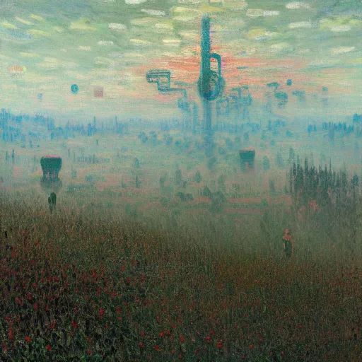 Prompt: a masterpiece oil on canvas painting by Simon Stålenhag and Claude Monet