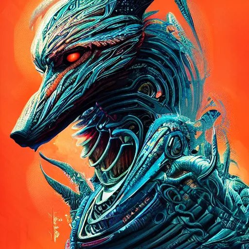 Prompt: hyper detailed ultra sharp, trending on artstation, vibrant aesthetic, bloodwave, colorful, psychedelic, ornate, intricate, digital painting, concept art, smooth, sharp focus, illustration, orange wolf, art by artgerm and greg rutkowski and h. r. giger