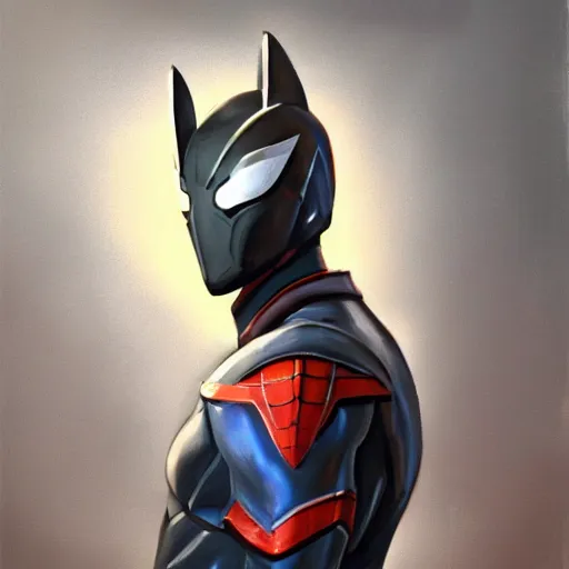 Image similar to greg manchess portrait painting of armored spiderman ultraman grey fox from metal gear cyborg gay japanese - american hybrid as overwatch character, medium shot, asymmetrical, profile picture, organic painting, sunny day, matte painting, bold shapes, hard edges, street art, trending on artstation, by huang guangjian and ail elvgren and sachin teng