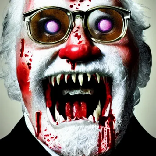 Prompt: horror film poster. crazy colonel sanders with sharp teeth. holding fried chicken. blood splatter background hyper - realistic.