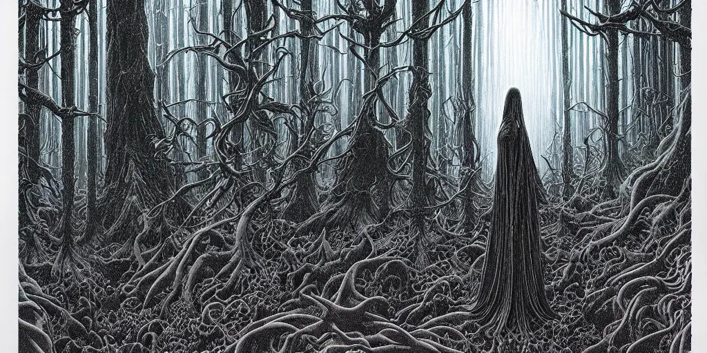 Image similar to grainy risograph matte painting of dark bejeweled huge botanical macabre paladin, atmospheric, densed forest, omnious, epic composition, by moebius, hyperrealism, intricate detailed