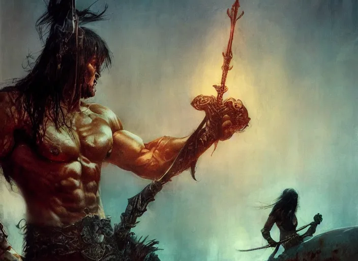 Image similar to conan the barbarian, intricate, elegant, highly detailed, vivid colors, john park, frazetta, sparth, ruan jia, jeffrey catherine jones