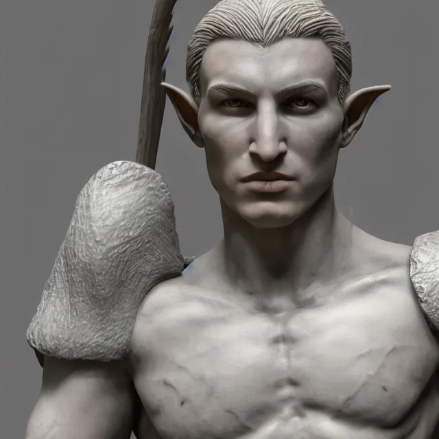 Prompt: marble sculpture of a male warrior elf, realistic, unreal engine render, octane render, hyper realistic, photo, 8 k, cinematic lighting