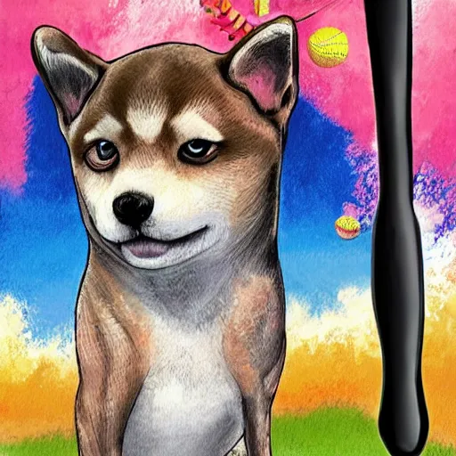 Image similar to shiba inu dog, baseball bat bonk, dog swinging bat 🐶 🏏 🎨🖌