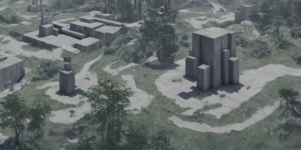 Image similar to 3d painted landscape with a single small yugoslavian brutalism monument in the center by james jean, redshift, octane