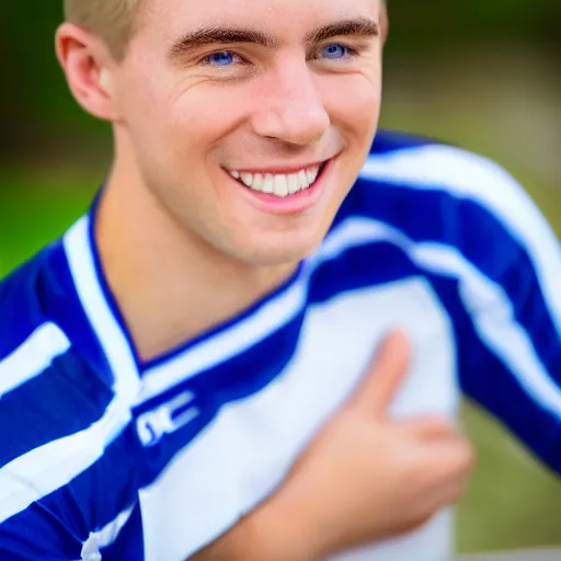 Image similar to photographic portrait of a young white male smiling with short brown hair that sticks up in the front, blue eyes, groomed eyebrows, tapered hairline, sharp jawline, wearing a purple white volleyball jersey, sigma 85mm f/1.4, 35mm, 4k, high resolution, 4k, 8k, hd, full color