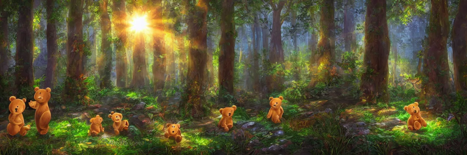Image similar to a lodge in the middle of a magical forest with two cute humanoid bear cubs standing in front of it, light rays are shining through the leaves of the trees above, magical environment, beautiful light. trending on artstation 4 k award winning artwork of an unknown artist. vivid colors. detailed painting. kids book illustration.