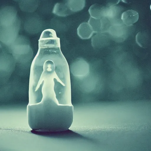 Prompt: ghost in a human shaped bottle, hd picture bokeh