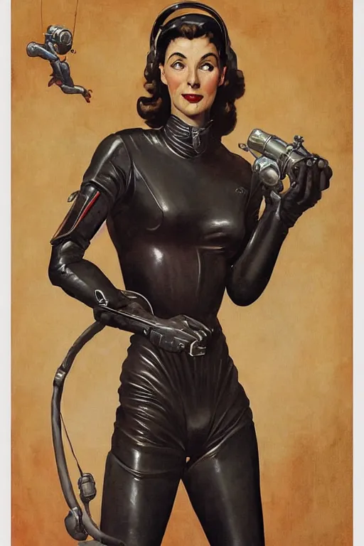 Image similar to 5 0 s pulp scifi fantasy illustration upper body portrait striking elegant mature woman in leather spacesuit by norman rockwell, roberto ferri, daniel gerhartz, edd cartier, jack kirby, howard v brown, ruan jia, tom lovell, frank r paul, jacob collins, dean cornwell, astounding stories, amazing, fantasy, other worlds