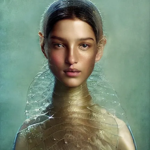 Image similar to brown woman wearing a jellyfish armor. iridiscent. super detailed. layered. textured. award winning. dispersion of light. refracted lighting. soft. fragile. by ray caesar. by louise dahl - wolfe. by andrea kowch. by tom bagshaw. surreal photography