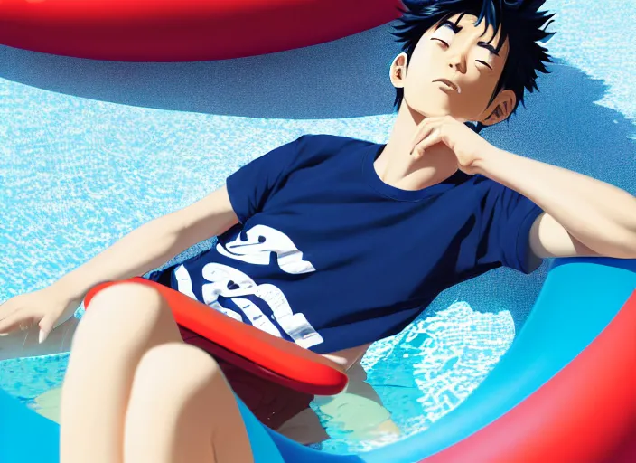 Image similar to closeup portrait of kyoka jiro from my hero academia relaxing in jeans and a t - shirt on a floating pool chair, sunny, bright, reflections, intricate, sharp focus, lens flare, bloom, illustration, highly detailed, digital painting, concept art, matte, art by ruan jia and wlop and greg rutkowski, masterpiece