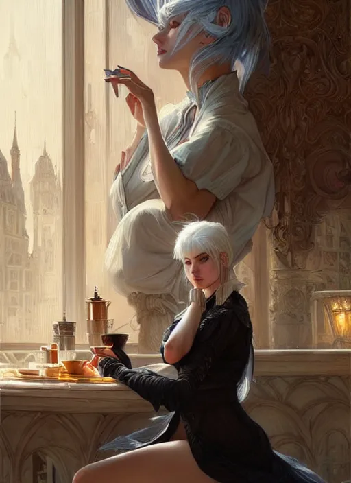 Image similar to a beautiful girl with white hair and bangs, sitting in a cafe, fantasy, intricate, elegant, highly detailed, digital painting, artstation, concept art, matte, sharp focus, illustration, art by Artgerm and Greg Rutkowski and Alphonse Mucha