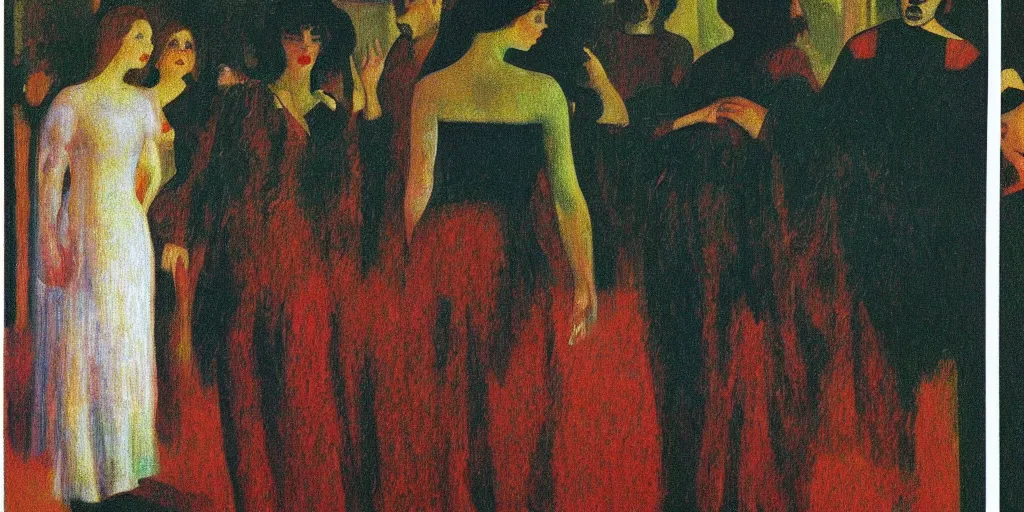 Image similar to a film still of suspiria by dario argento 1 9 7 7 movie, painted by georges seurat, by manet, impressionism, pointillism, high quality, detailed, print!, poster,