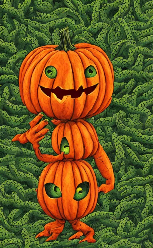 Image similar to a pumpkin monster but it's body is made out of vines and weeds, full body portrait