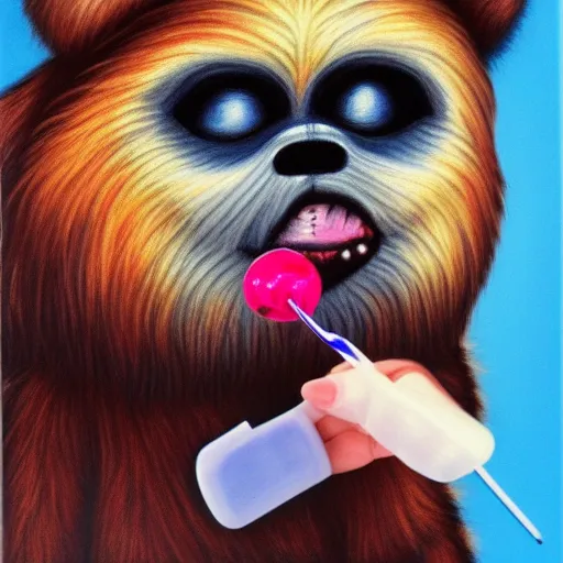 Prompt: An ewok eating a lollipop, Airbrush art