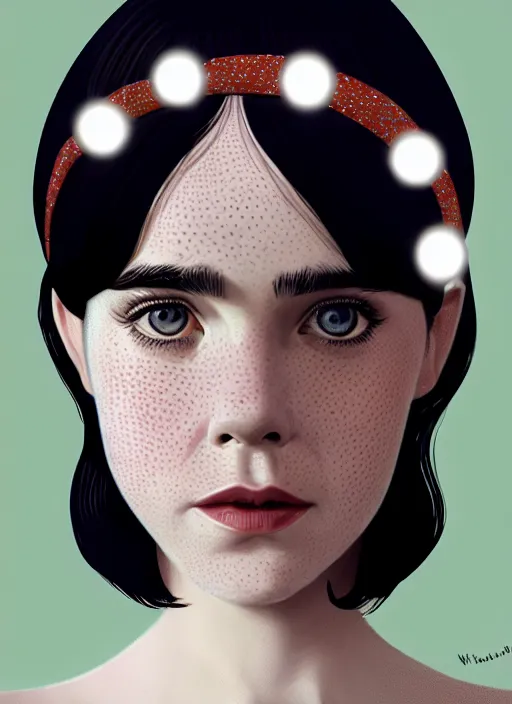 Image similar to portrait of kiernan shipka with freckles, white hair, 1 9 6 0 s bob hairstyle, hairstyle with bangs, 1 9 6 0 s bob hair with bangs and hairband, intricate, elegant, glowing lights, highly detailed, digital painting, artstation, concept art, smooth, sharp focus, illustration, art by wlop, mars ravelo and greg rutkowski